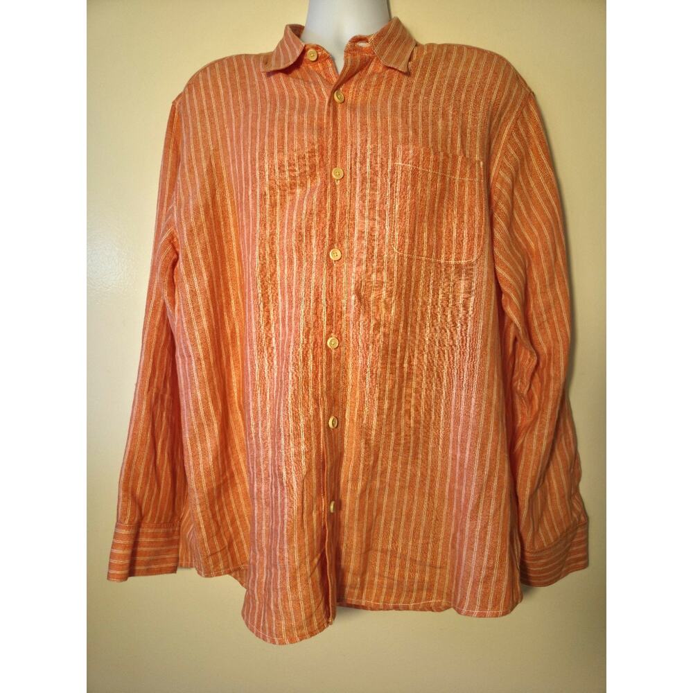 Tommy Bahama Mens Linen Shirt Orange White Stripe Button Front Long Sleeve L